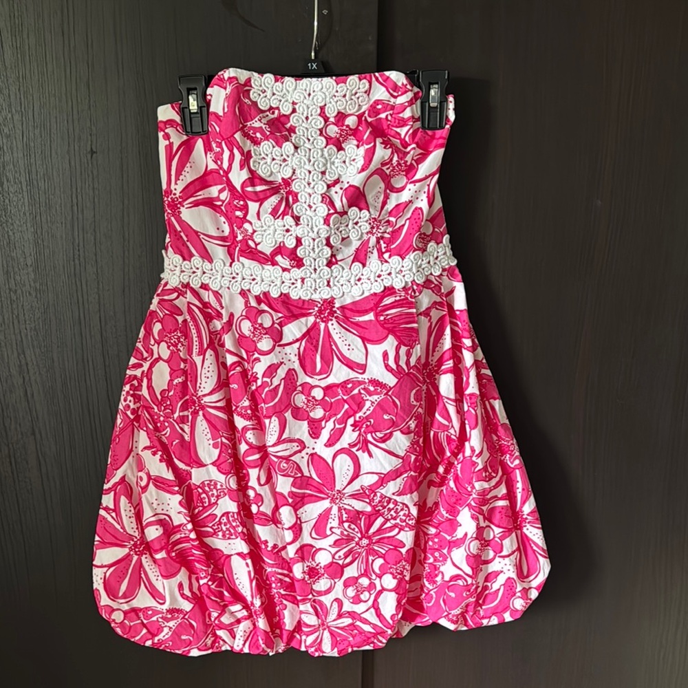 Lilly Pulitzer Hot Pink and White Strapless Floral Bubble Dress
